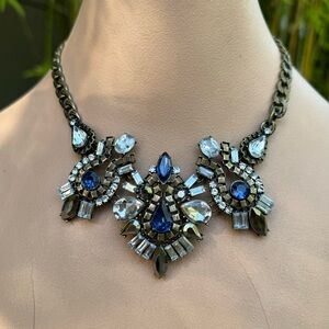 Rhinestone Statement Bib Necklace Cz Blue White Brass Vintage Bold Unique Chunky